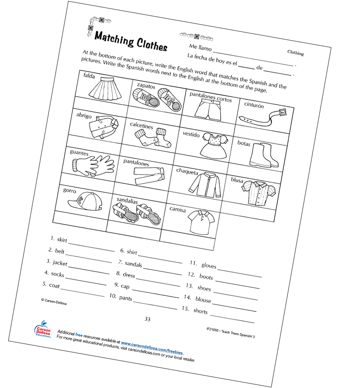 Types Of Clothes Grade 3 Spanish Free Printable Carson Dellosa