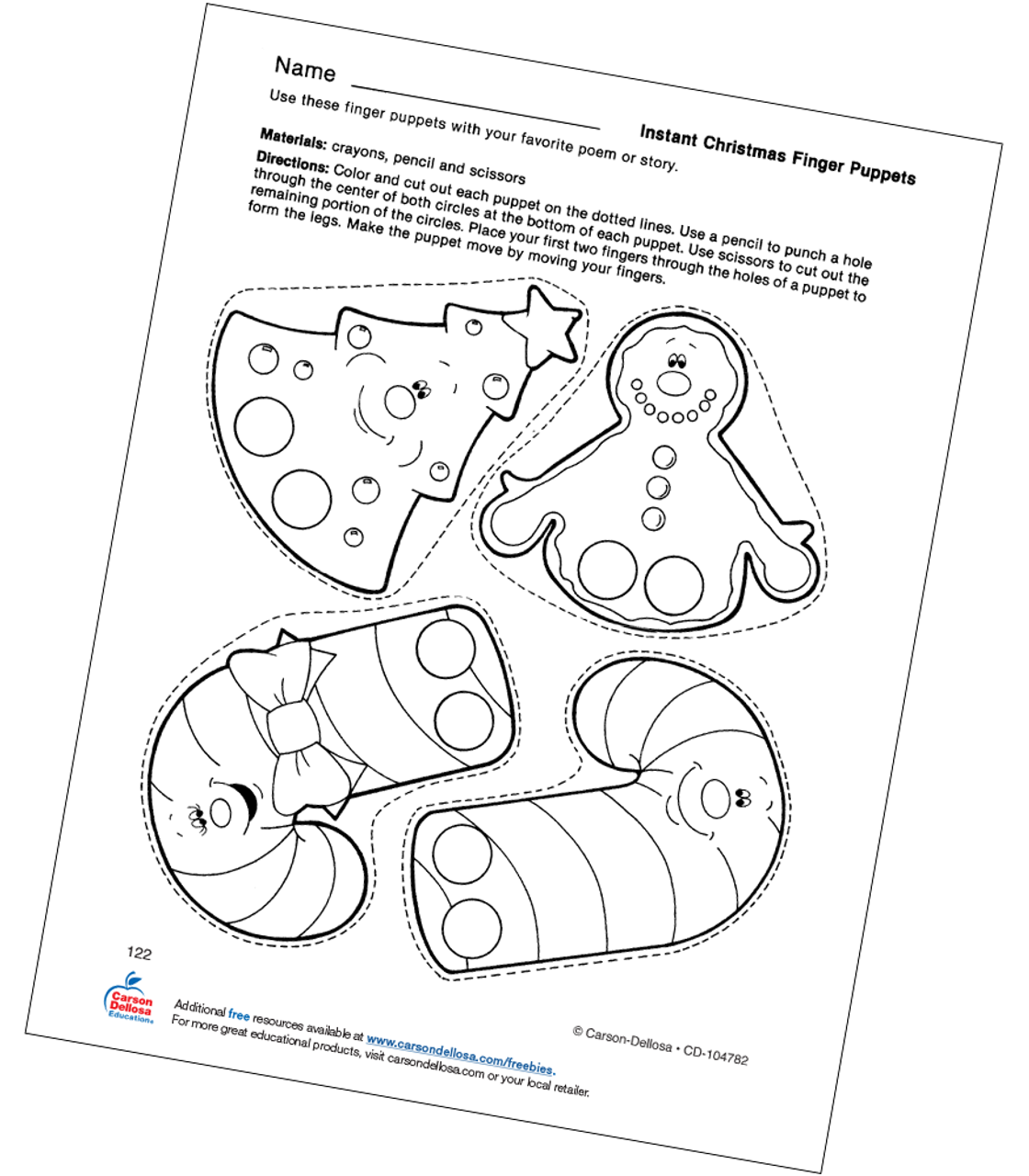 Christmas Finger Puppets Grades PK 1 Free Printable Carson Dellosa