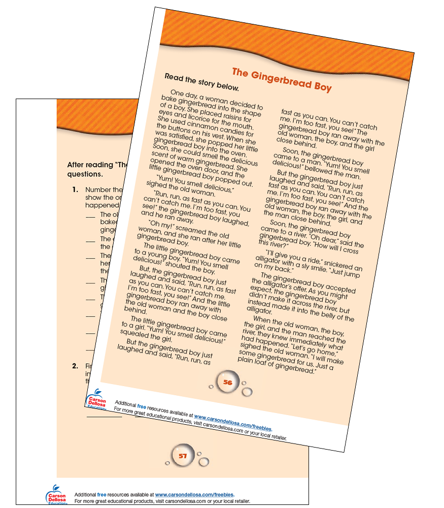 The Gingerbread Boy Reading Comprehension Grade 1 2 Free Printable Carson Dellosa