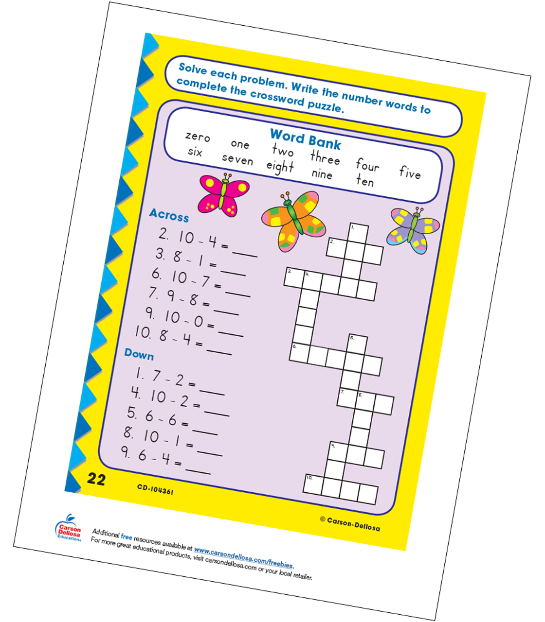 add and subtract butterfly crossword puzzle free activity carson dellosa
