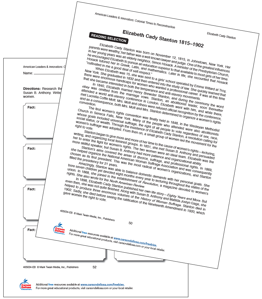 Elizabeth Cady Stanton 1815 - 1902 Free Printable | Carson Dellosa