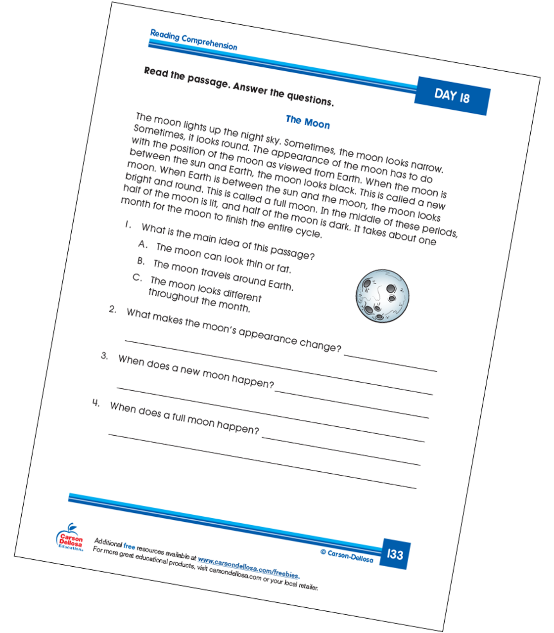 reading comprehension the moon free printable carson dellosa