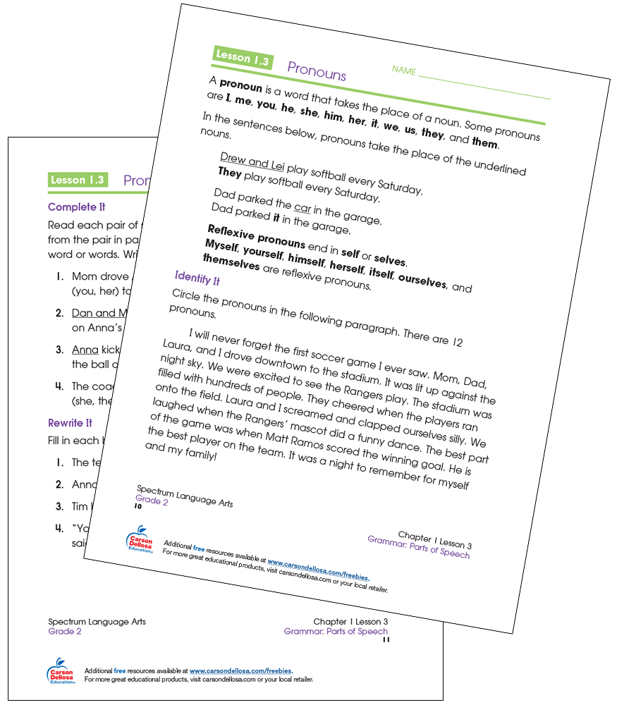 Identifying Pronouns Grade 2 Free Printable | Carson Dellosa