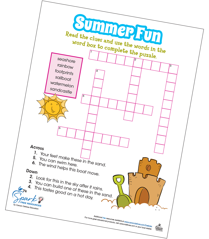 Summer Fun Beach Crossword Puzzle Free Printable Carson Dellosa