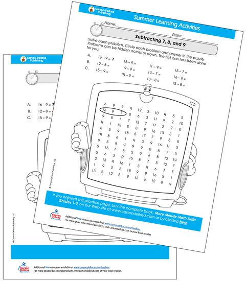 Subtracting 7, 8, and 9 Free Printable Sample Image