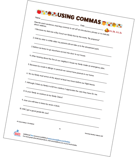 Using Commas Free Printable Sample Image