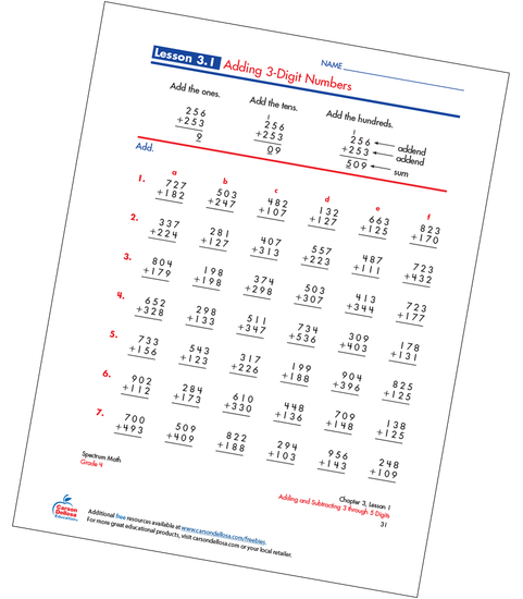 Adding 3-Digit Numbers Free Printable Sample Image