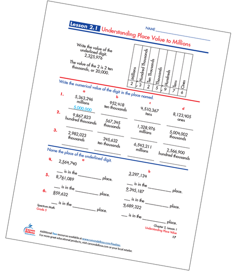 Understanding Place Value to Millions Free Printable Sample Image