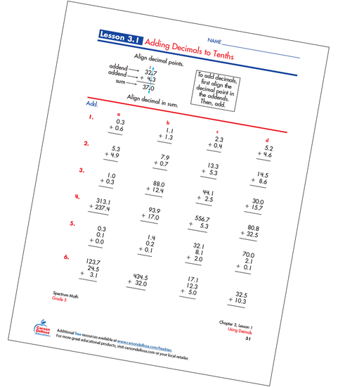 Adding Decimals to Tenths Free Printable Sample Image