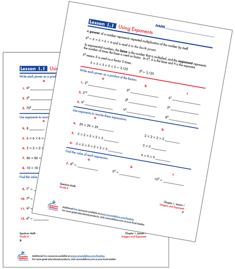 Using Exponents Free Printable Sample Image