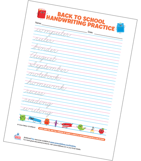 Back to School Handwriting Practice - Cursive Free Printable