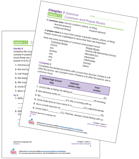 Common and Proper Nouns Grade 3 Free Printable Worksheet