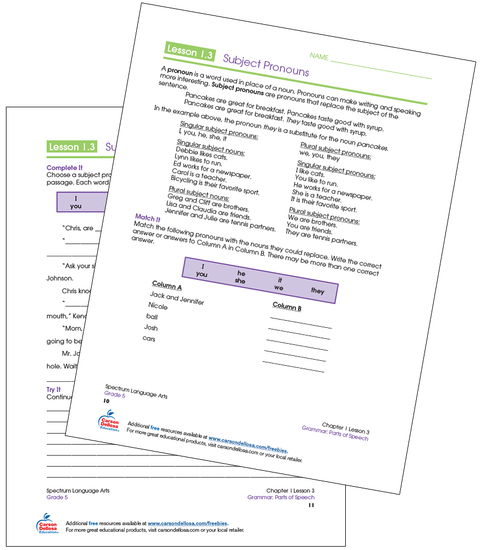 Subject Pronouns Grade 5 Free Printable Worksheet