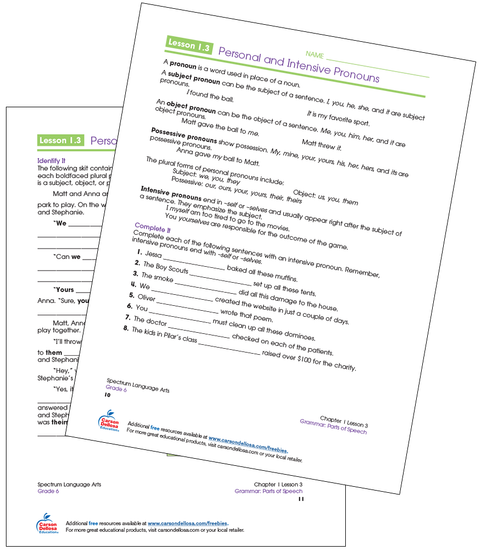 Personal and Intensive Pronouns Grade 6 Free Printable Worksheet