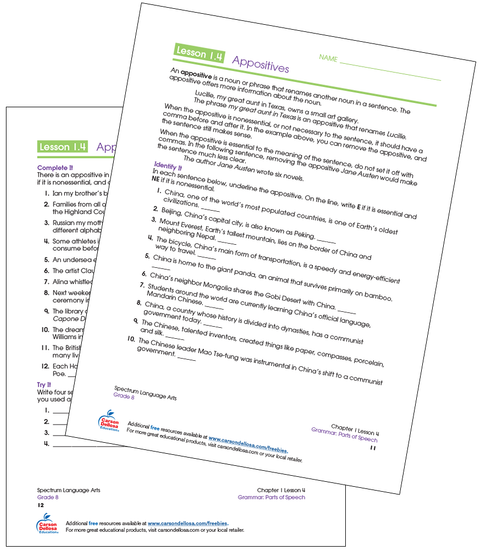 Appositives Grade 8 Free Printable Worksheet