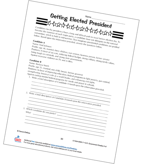 Getting Elected President in the U.S. Grades 5-8 Free Printable Worksheet