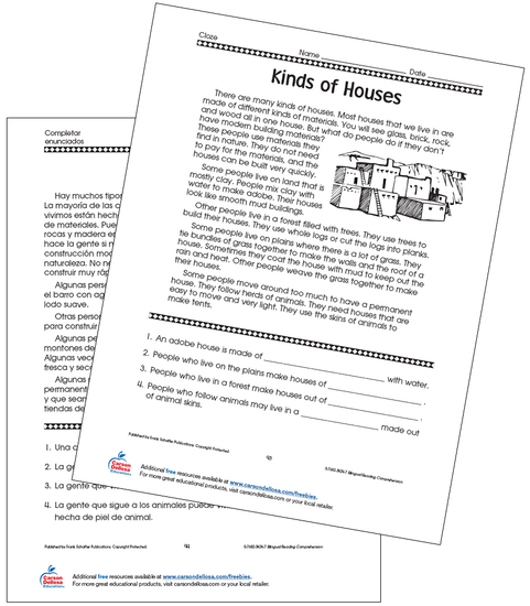 Different Kinds of Houses Grade 4 Bilingual Free Printable Worksheet