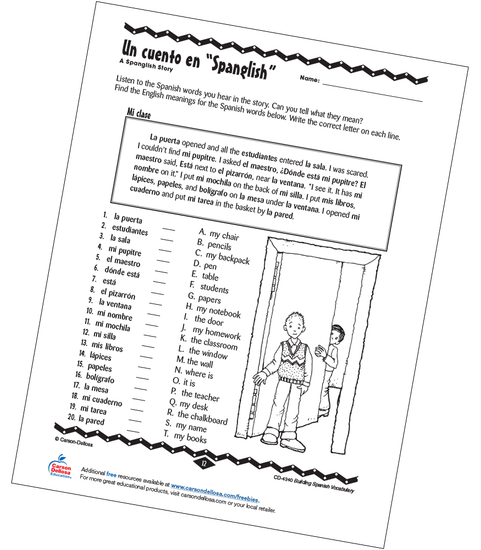 Spanglish Classroom Story Grade PK-12  Free Printable Worksheet