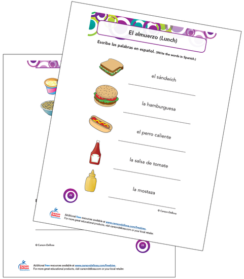 Lunch Vocabulary Grade K-5 Spanish Free Printable Worksheet