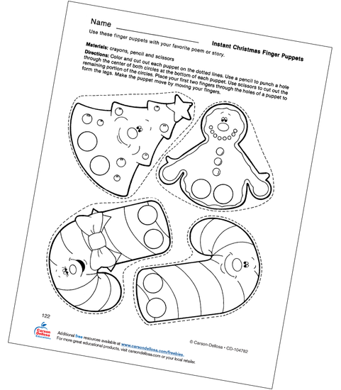 Christmas Finger Puppets Grades PK-1 Free Printable Coloring Page