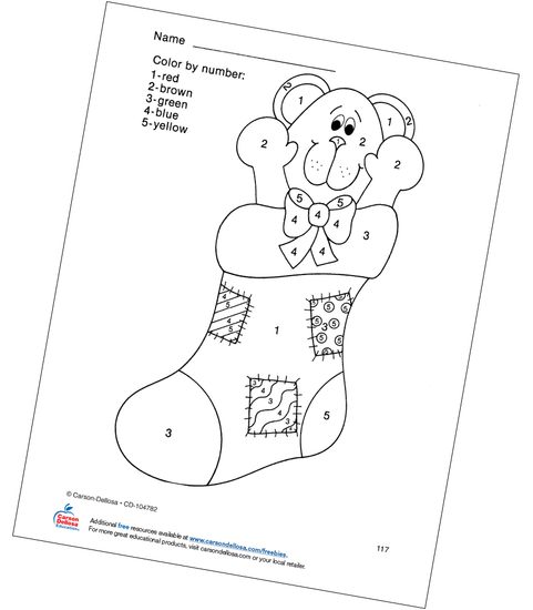 Christmas Stocking Color by Number Grades PK-1 Free Printable Coloring Page