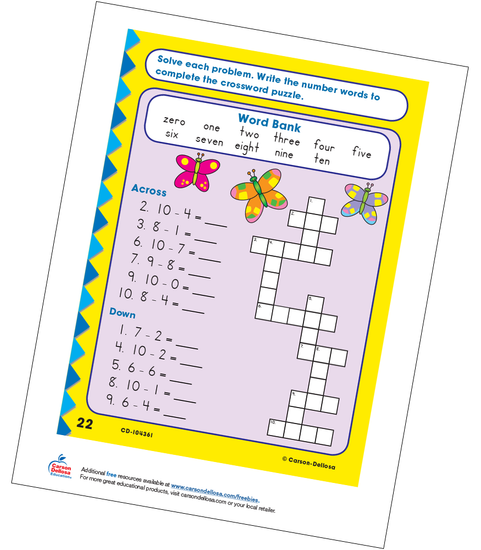 add and subtract butterfly crossword puzzle free activity carson dellosa