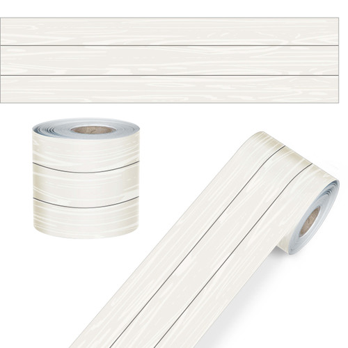 65' White Wood Grain Rolled Straight Bulletin Board Borders image