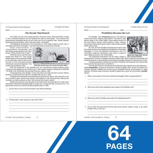Grade 5-12 The Roaring 20s and the Great Depression Workbook Paperback
