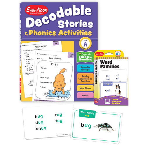 Decodable Stories and Phonics Activities Level A Workbook and Word Families Flash Card Learning Kit image