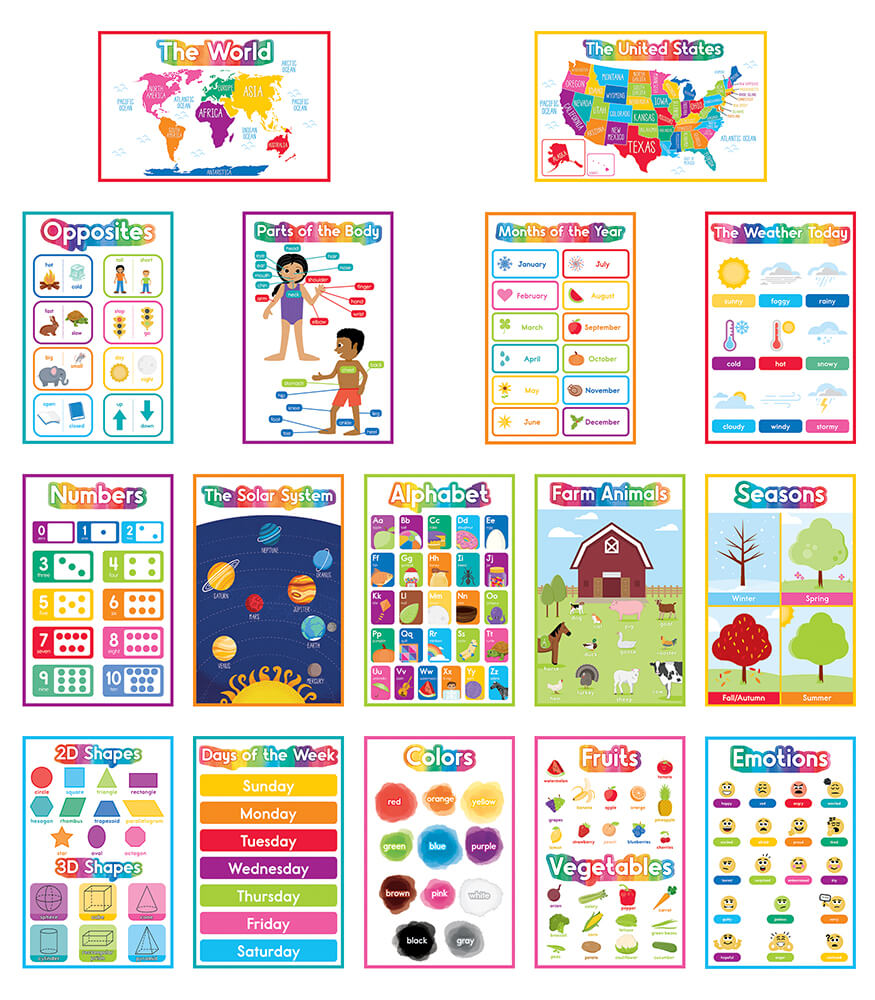 Colorful Early Learning Small Poster Pack, 12 Posters