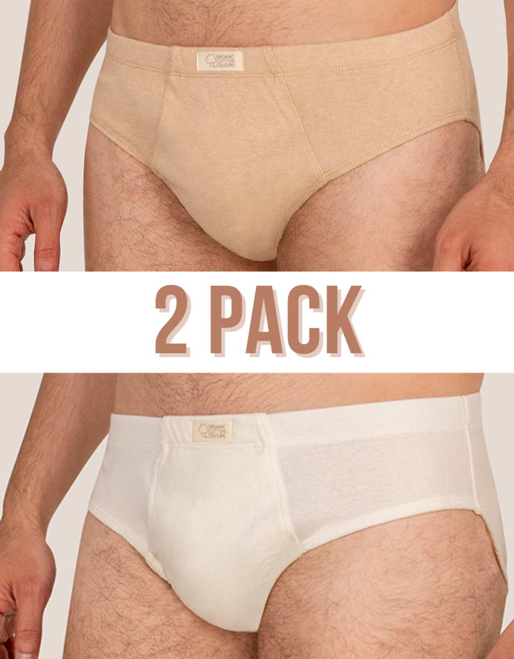 100% Organic Cotton Mens Underwear Soft Eco-Friendly Comfort White Brown 2  Pack