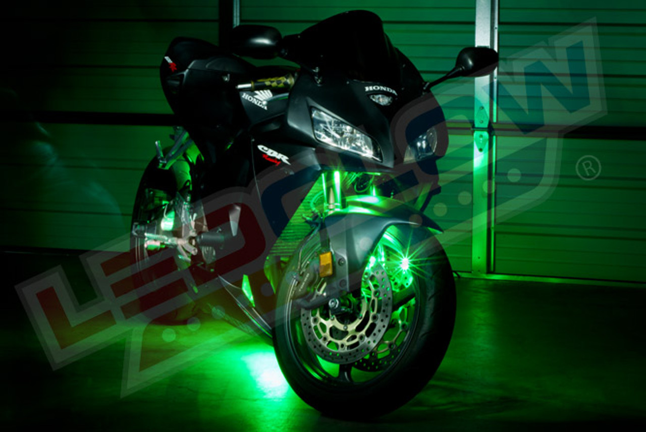 Green Motorcycle LED Neon Accent Lighting Kit with 10 Chrome LED Light Pods