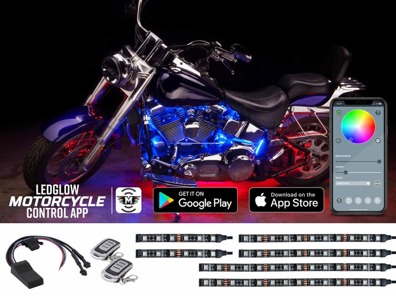 LEDGlow  Bluetooth Advanced Million Color LED Motorcycle Lighting Kit with  Smartphone Control