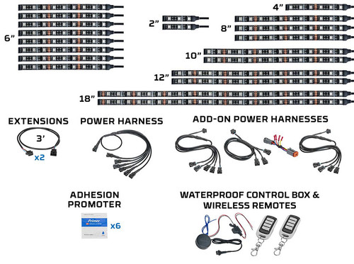 Flexible Lighting Strips, Wiring Harnesses, Control Box, Remotes and Installation Accessories Included