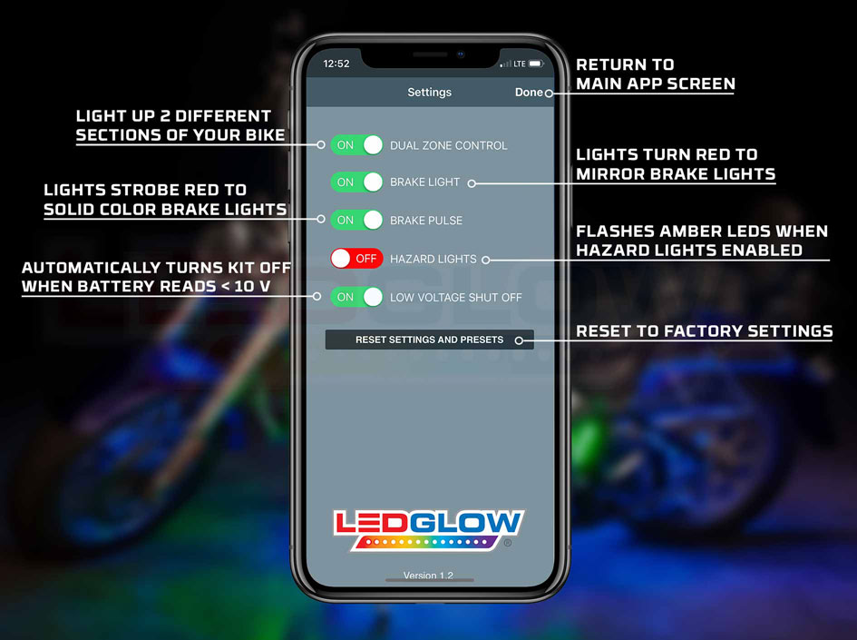 LEDGlow 6-Piece Motorcycle LED Kit - Bluetooth Million Color Under-glow Lighting With Smartphone App