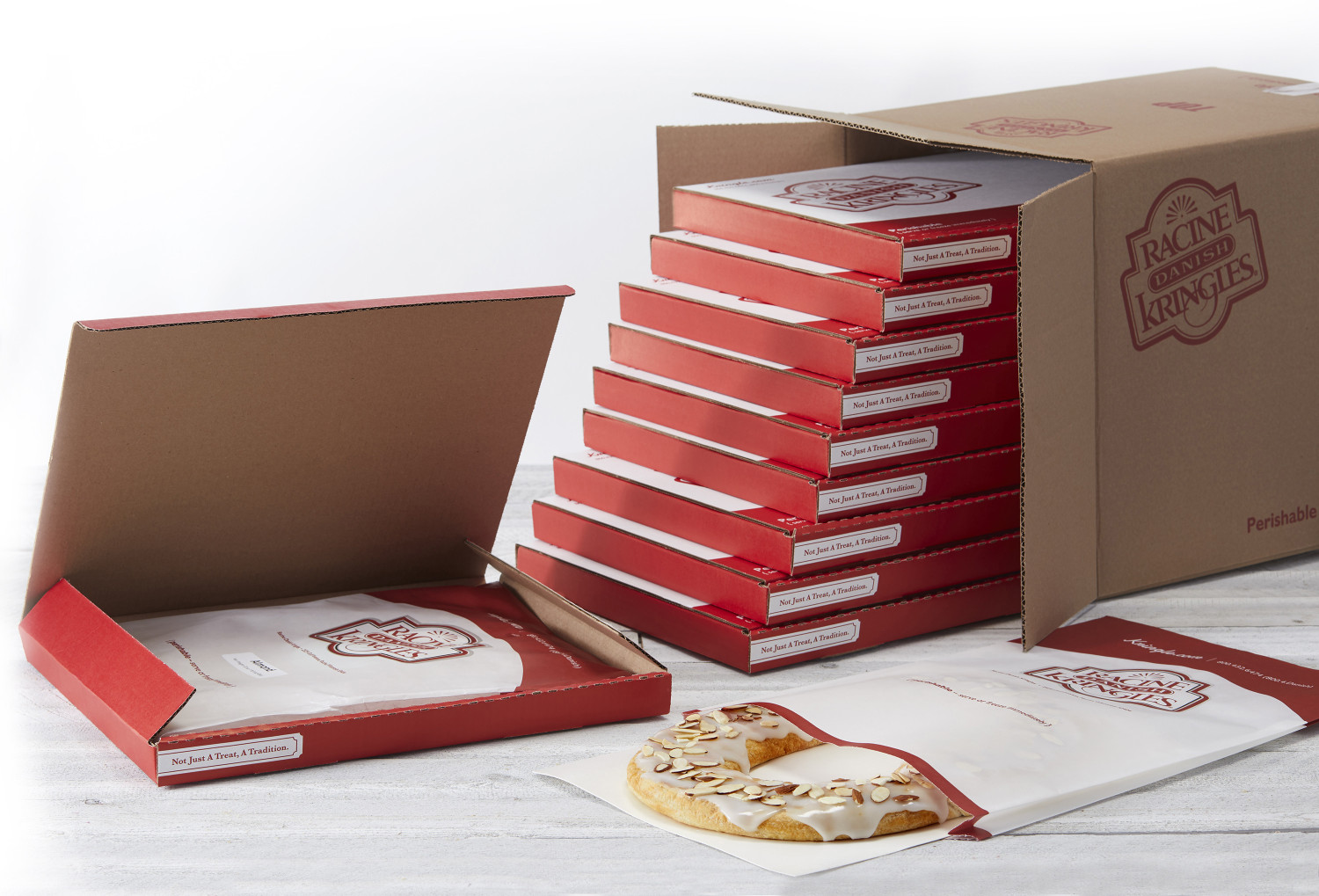 Kringle in a wax bag with individual boxes coming out of master case.