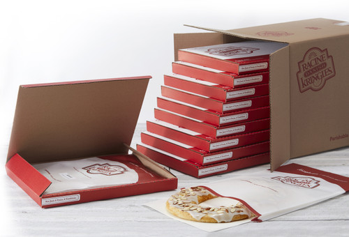 Kringle in a wax bag with individual boxes coming out of master case.