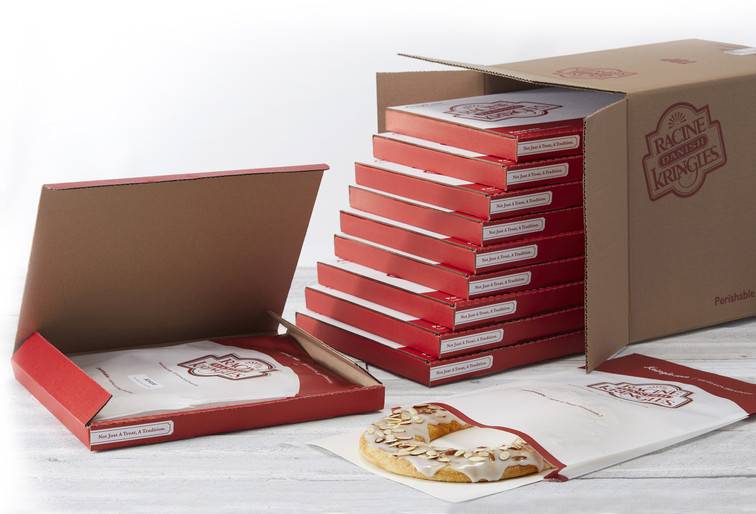 Kringle in a wax bag with individual boxes coming out of master case.