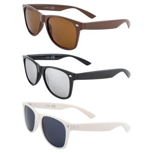 AlterImage Jive Sports Retro Sunglasses for Men or Women 3 Pair Brown Black White Frames w/Brown Flash Mirror Smoke Lenses Respectively