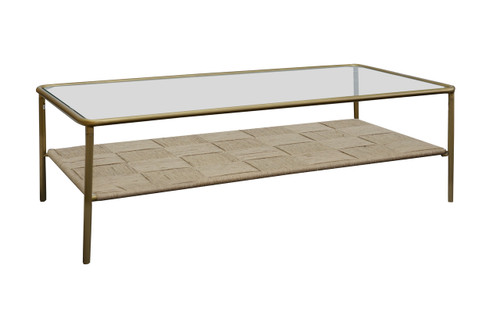 Evon Coffee Table-Jute with Glass Top & Brass Finish Metal Legs