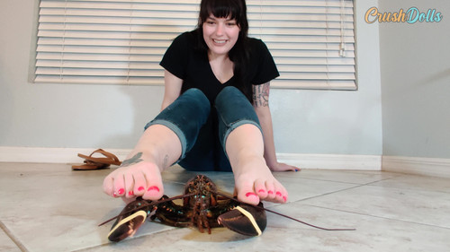 Haley crushes a lobster with her bare feet