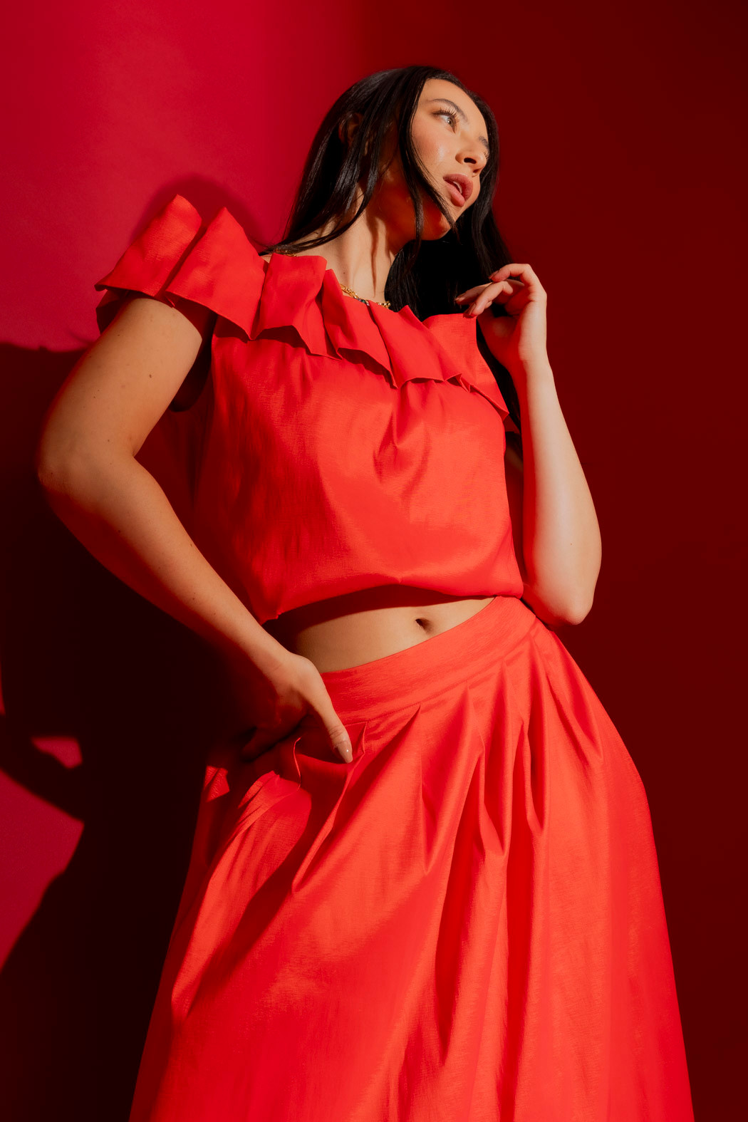 red ruffle top