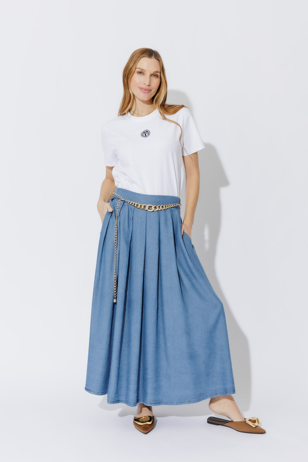 Mid Denim Tencel Pleat Skirt Women's Skirts