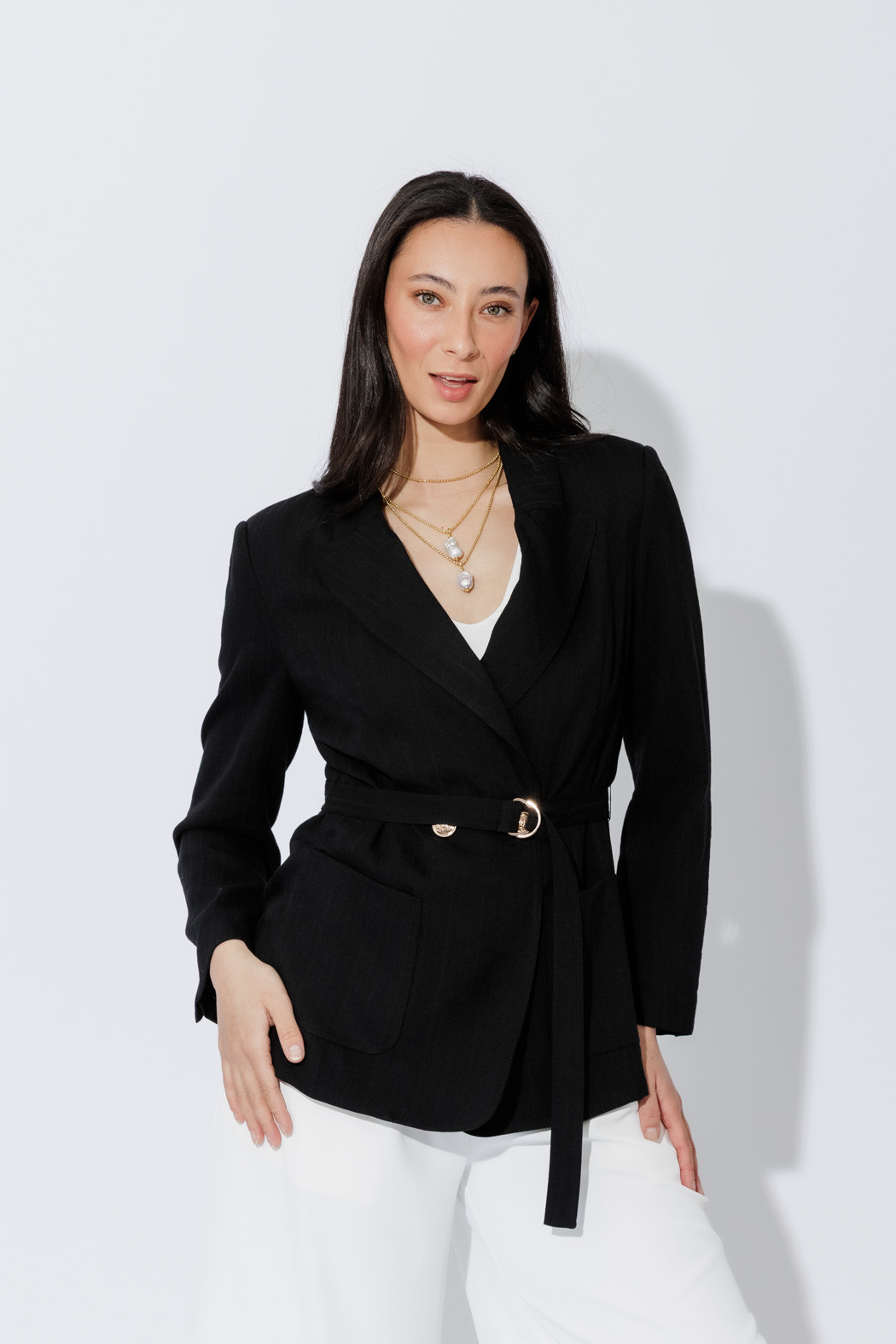 Black Self Stripe Belted Blazer Women's Blazer's jackets