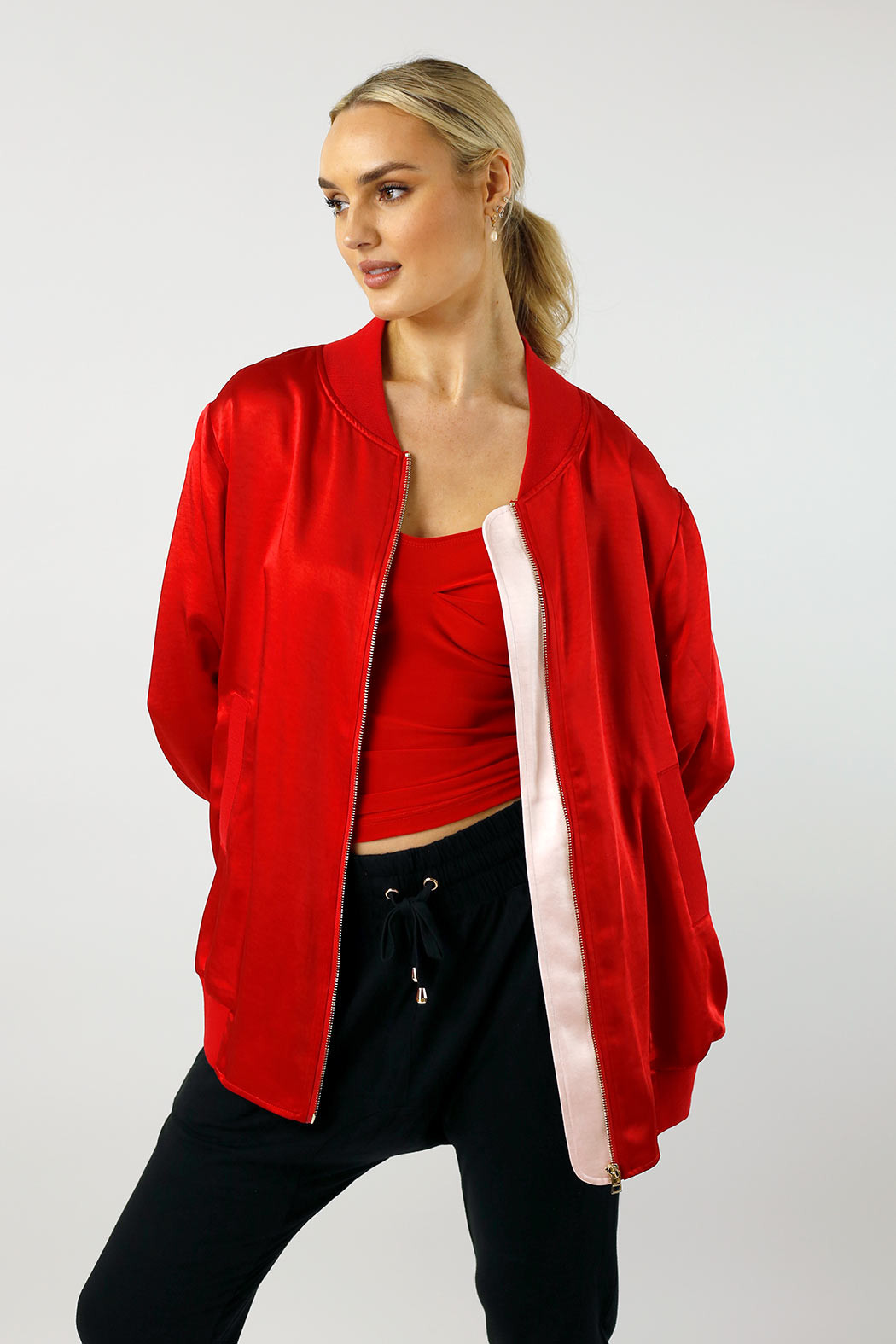 Red Satin Bomber Jacket Women's Jackets Motto Fashions