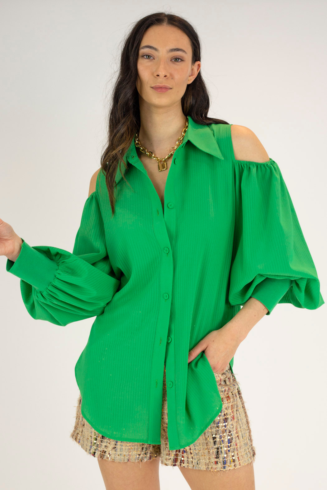 green chiffon top