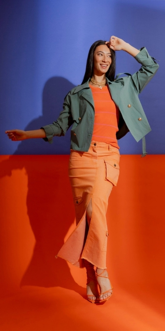 OI - Teal Crop Trench and Orange Cargo Skirt