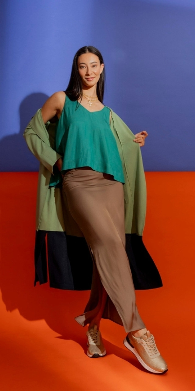 OI - Cocoa Tie Waist Skirt and Green Bell Cami