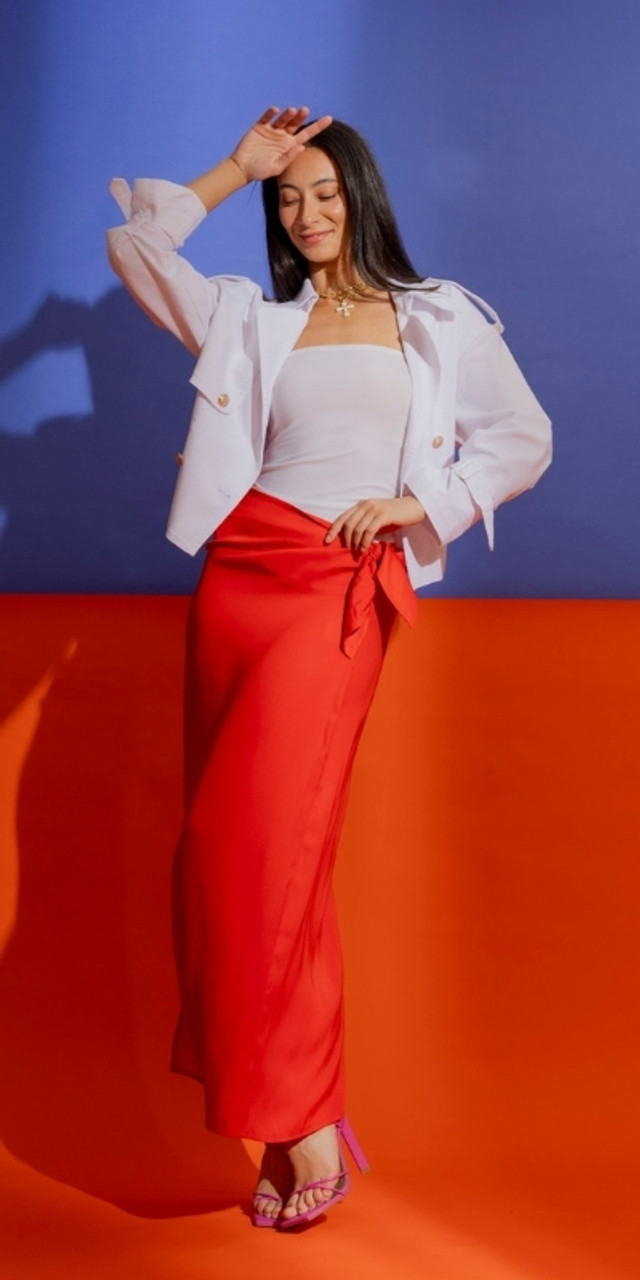 OI - Red Tie Waist Skirt and Crop Denim Trench