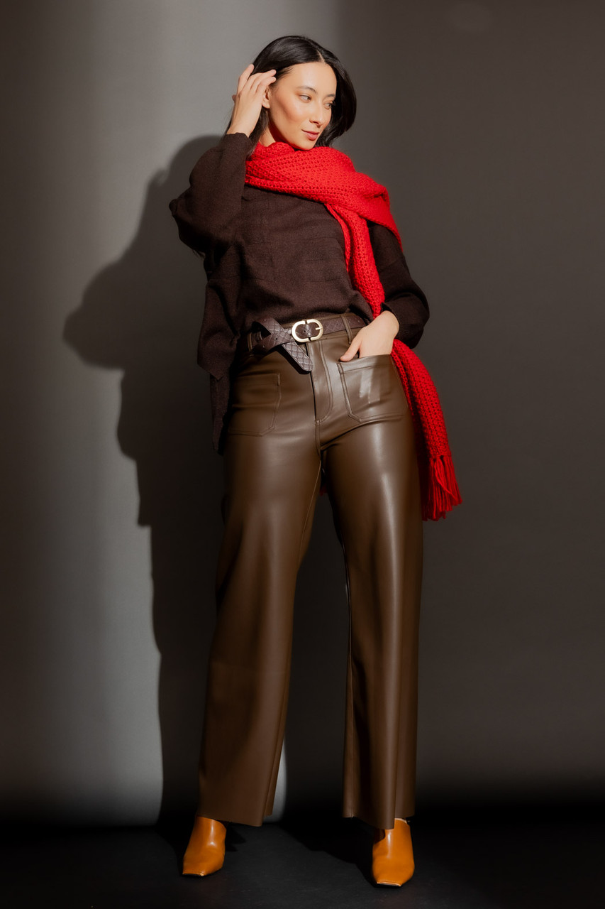 Chocolate Faux Leather Wide Leg Pants Women's Pants Online